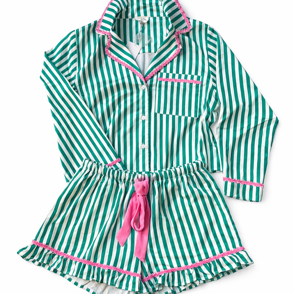 Peach Love California Striped Pajama Set With Pink Trim Nwt